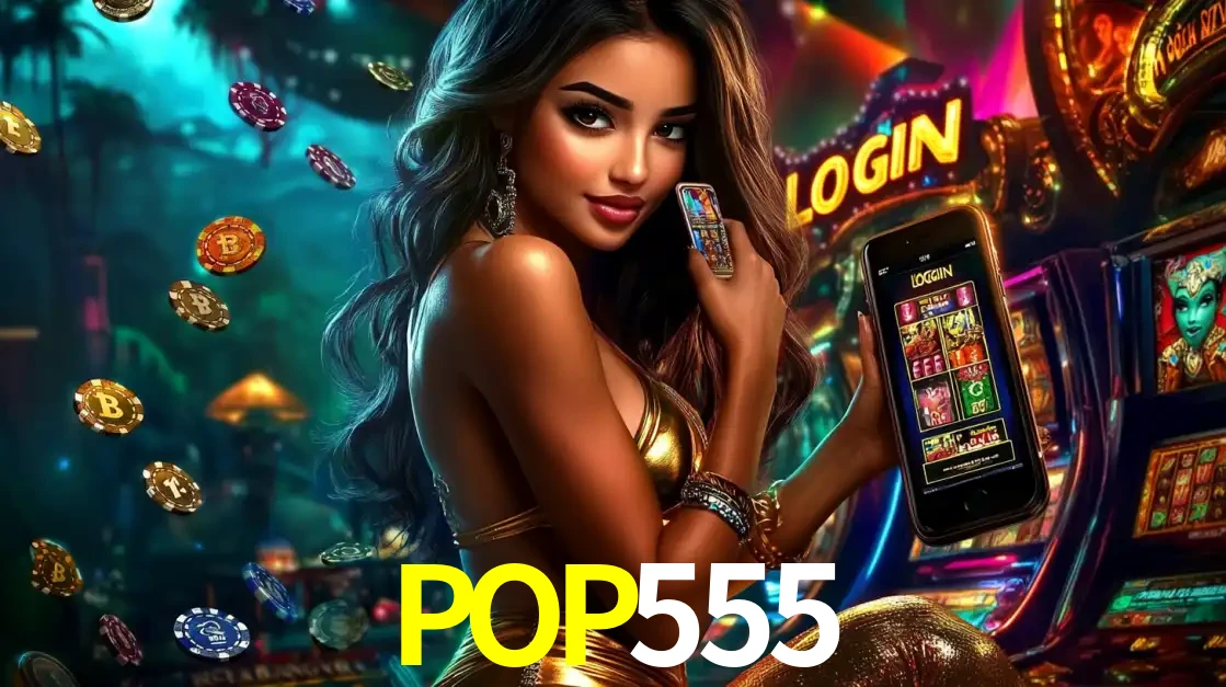 Mulher em um cenário de cassino temático de aventura, mostrando o app de caça-níqueis da POP555 no celular. Fichas de apostas flutuam ao redor.