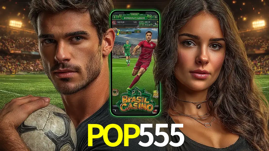 Homem segurando uma bola de futebol e uma mulher ao lado de um smartphone exibindo o jogo de apostas esportivas da POP555. Faça seu palpite no cassino online.